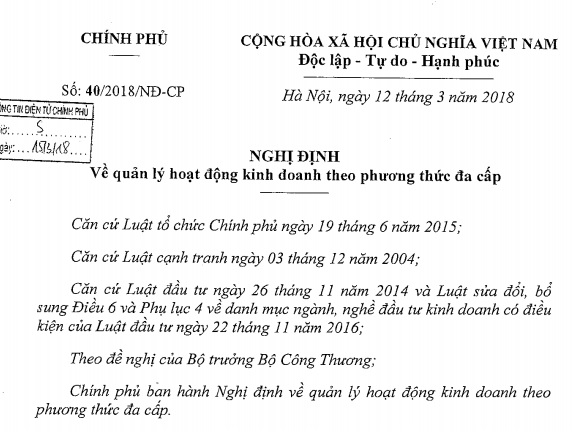 Nghị định 40/2018/NĐ-CP Chính phủ về quản lý hoạt động kinh doanh theo phương thức đa cấp